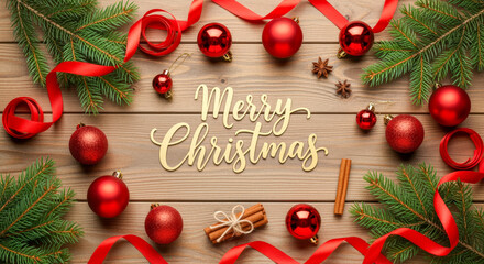 A festive overhead view of a wooden table decorated with Christmas ornaments, pine branches, red ribbons, cinnamon sticks, and star anise, with the words "Merry Christmas" written in the center.