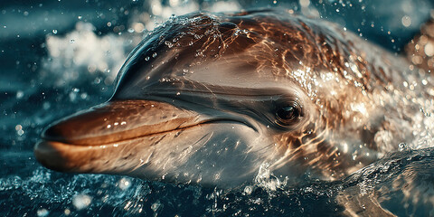 Close up of a dolphin swimming gracefully in the ocean near the horizon at sunset
