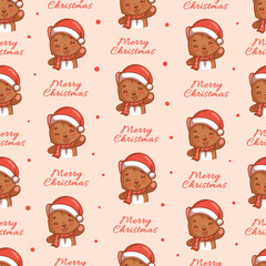 Seamless vector Christmas pattern with a cat in a Santa hat and the inscription "Merry Christmas", funny vector illustration