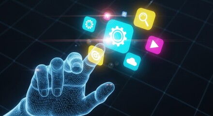 Digital user interface with holographic icons representing technology and connectivity