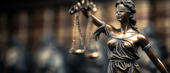 Symbol of justice represented by a figurine holding scales and a sword while blindfolded