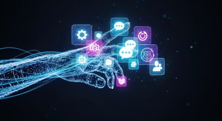 digital hand interacts with holographic icons representing technology and communication concepts