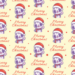 Seamless vector Christmas pattern with panda and Merry Christmas lettering on yellow background