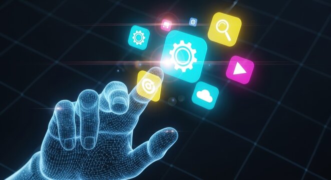 Digital user interface with holographic icons representing technology and connectivity - Powered by Adobe