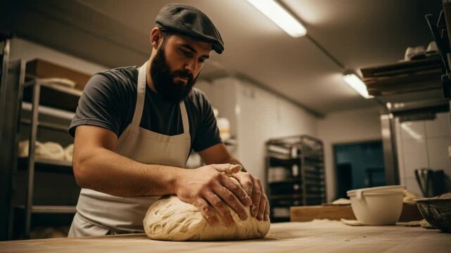 Young adult caucasian man in an apron kneading bread dough in a professional kitchen. Cinematic sequence showing the traditional craft of an artisan baker at work