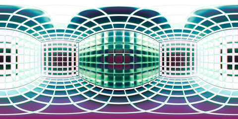 Futuristic HDRI light map with glowing grid walls and neon colors. Ideal for sci-fi scenes, virtual environments, or CGI backdrops in product and concept renders.