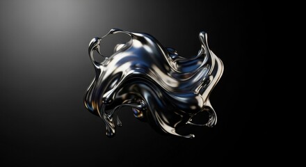 Abstract metallic splash with flowing fluid dynamics on dark background