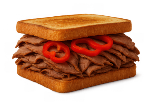 Roast beef sandwich with sliced red bell pepper rings on toasted bread, serving a hearty deli favorite lunch or dinner, isolated on transparent background