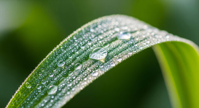 Close-up macro photograph of morning dew on a fresh green leaf. Perfect for nature, freshness, and environment themes.