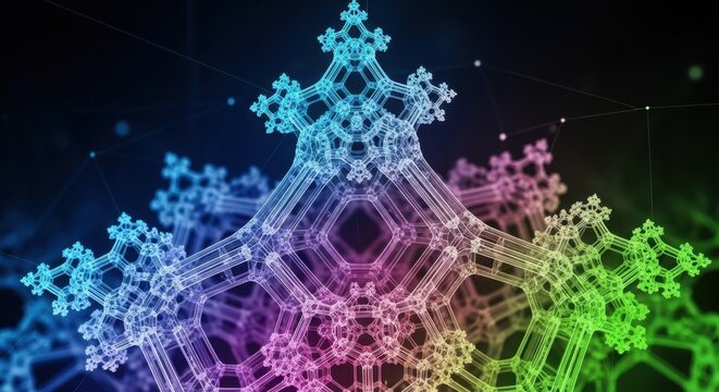 Intricate geometric snowflake structure illuminated with vibrant colors and digital network effects - Powered by Adobe