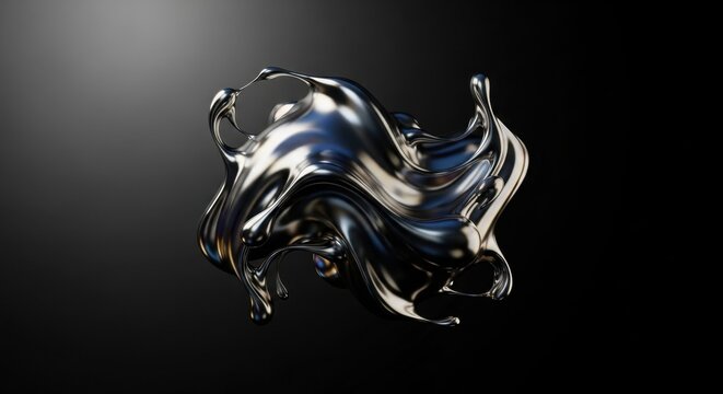 Abstract metallic splash with flowing fluid dynamics on dark background