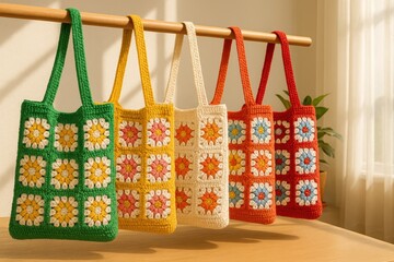 Colorful handmade tote bags displayed in sunlit room crafting showcase cozy environment