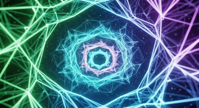 Abstract digital tunnel with vibrant neon lines and glowing geometric patterns creating a - Powered by Adobe