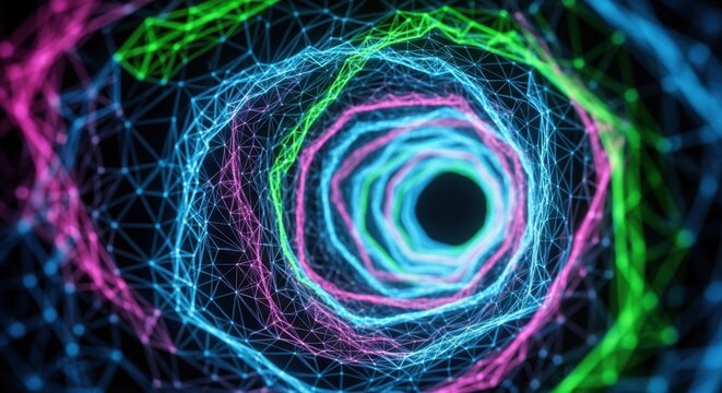 futuristic colorful tunnel made of interconnected glowing lines forming a mesmerizing vortex with