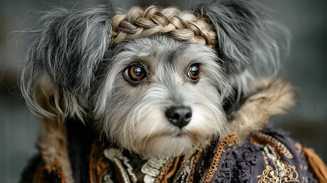 Portrait of a Regal Havanese Dog with Braided Hair and Embroidered Coat, Expressive Eyes, Close-Up, Animal Fashion