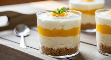 Closeup of a layered dessert in a clear glass, featuring a biscuit base, creamy white layers, and a vibrant mango or passionfruit filling, garnished with mint