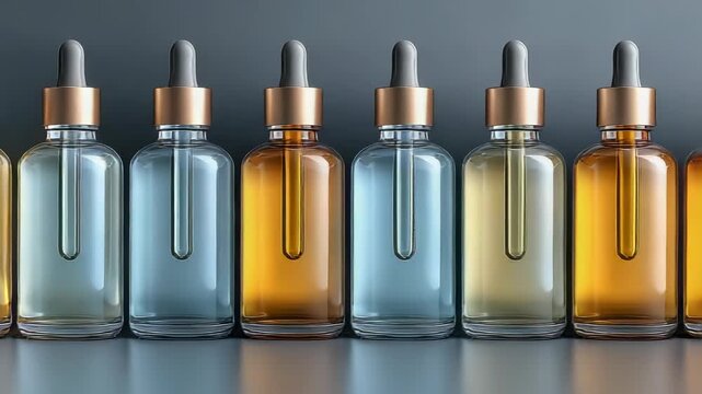 Row of Cosmetic Glass Bottles with Droppers Filled with Colorful Liquids for Essential Oils and Skincare Serums