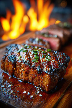 Grilled steak cooked to perfection served in a bustling steak restaurant setting