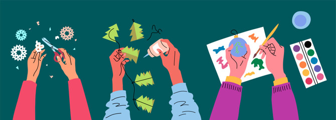 Cartoon Color Hand Making Accessories Christmas Workshop Concept Flat Design Style with Elements Thin Line. Vector illustration