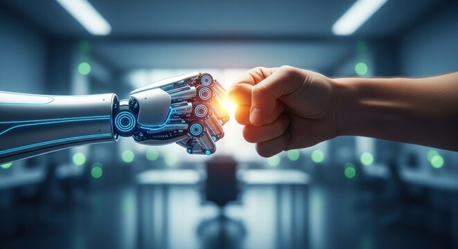 A robot arm and a human hand in a high-tech, modern office environment. - Powered by Adobe