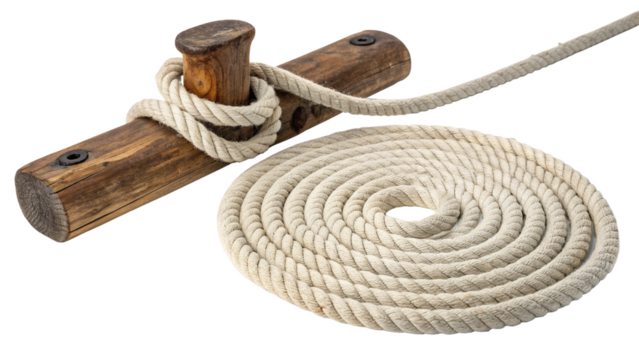 Wooden cleat with nautical rope tied around it and coiled on a transparent background