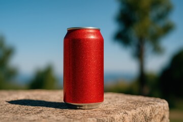 Refreshing soda can on a stone table outdoor environment capturing summer vibes