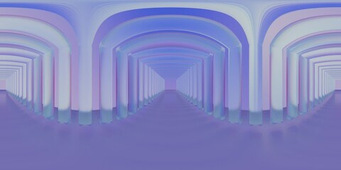 HDRI light map of a stylized architectural corridor with glowing columns and soft neon hues. Ideal for conceptual 3D renders and modern visualizations.
