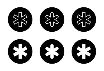 Typographic asterisk icon set in black circle. Six pointed star shapes symbol