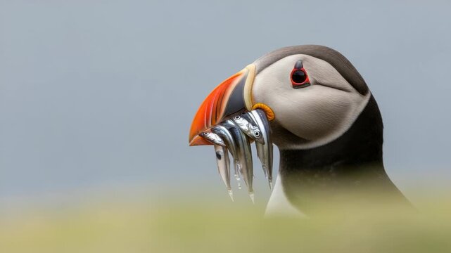 Close up portrait of an atlantic puffin with a beak full of sandeels. Panoramic wildlife banner of a seabird after a successful hunt. Concept of providing and abundance in nature