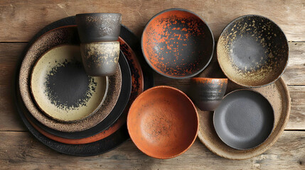 Elegant mix of handcrafted ceramic tableware arranged on rustic wooden table for a cozy dining experience