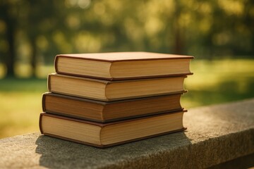 Books stacked on a stone wall outdoor park photography natural light close-up serenity
