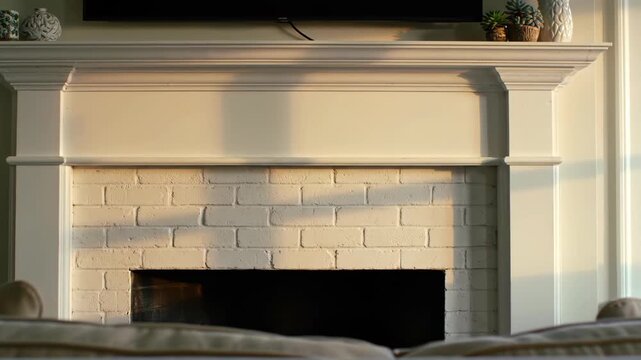 Elegant fireplace with white brick, mantel, and modern decor, creating a cozy indoor home environment with warm sunlight.