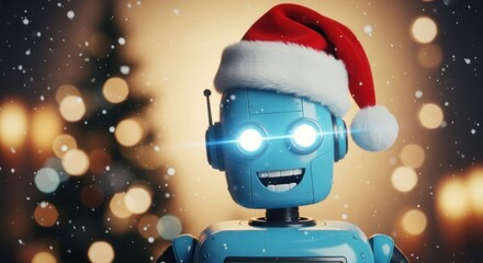 A blue robot with a Santa hat and glowing eyes, standing in front of a Christmas tree with snow falling.