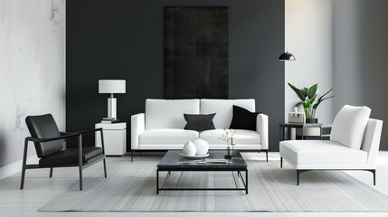 Fototapeta premium Sleek matte metal furniture collection featuring chair, table, shelf and cabinet adding modern industrial charm to home or office interior, 