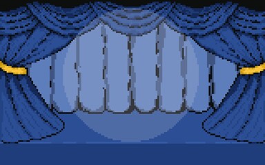 A pixel art illustration of a classic theatre stage featuring heavy, draped royal blue curtains pulled back and tied with golden rope, with under a spotlight. used for wallpaper, background, lo-fi