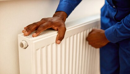 Plumber installing a modern radiator for efficient home heating during winter 