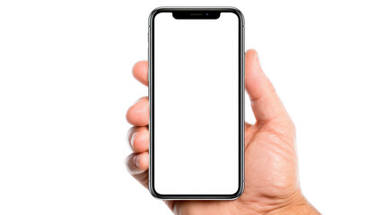 Hand holding modern smartphone with blank white screen, isolated on transparent background, perfect for app mockup, technology presentation, or digital design, with realistic and clean look