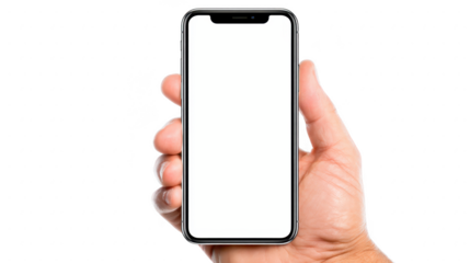 Hand holding modern smartphone with blank white screen, isolated on transparent background, perfect for app mockup, technology presentation, or digital design, with realistic and clean look