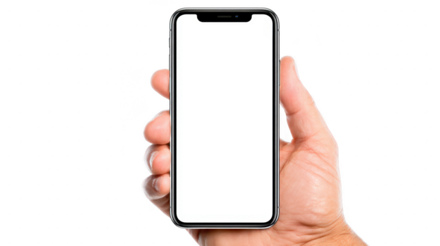 Hand holding modern smartphone with blank white screen, isolated on transparent background, perfect for app mockup, technology presentation, or digital design, with realistic and clean look - Powered by Adobe