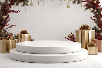 Minimalist white double pedestal podium surrounded by luxury gold gift boxes and festive red and gold holiday garland against neutral background. Ideal for Christmas product display