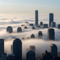 Aerial view of a modern city skyline shrouded in fog with skyscrapers emerging through the clouds during daytime