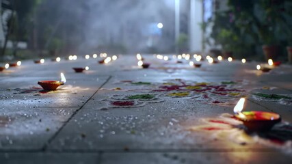Illuminated Diya lamps and vibrant rangoli art for Diwali festival celebration. - Powered by Adobe