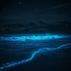Bioluminescent Waves on Night Beach