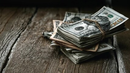 Stacks of cash arranged on a rustic wooden surface, showcasing detailed textures and colors, with a gradual zoom in to emphasize the money's value and significance