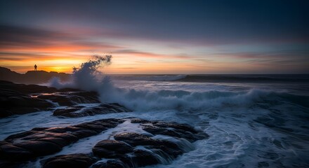A dramatic ocean scene at sunset with waves crashing against rocky shores and a lighthouse in the distance under a colorful sky