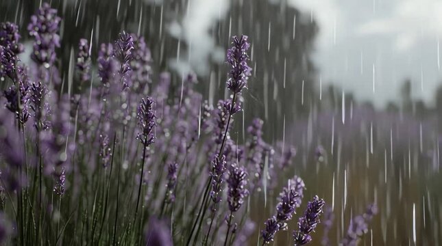 Close Up of Lavender Field in the Rain with Blurred Background Showcasing Refreshing Rainy Weather with Soft Focus and Relaxing Ambiance Great for Backgrounds