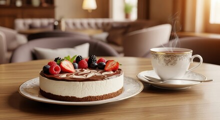 A delicious chocolatedrizzled cheesecake topped with fresh berries like strawberries, blueberries, and raspberries, served with a steaming cup of tea in a cafe setting