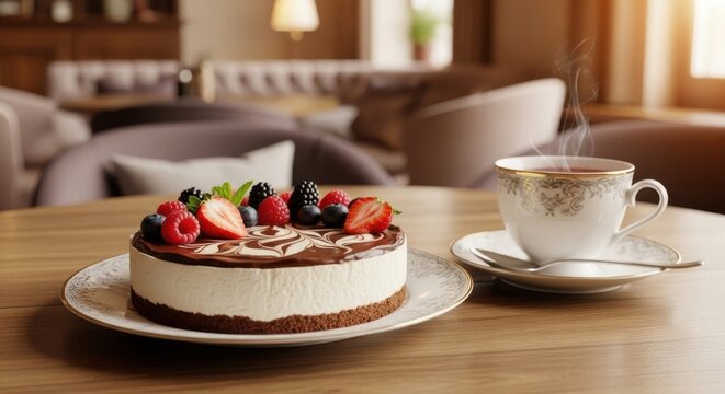 A delicious chocolatedrizzled cheesecake topped with fresh berries like strawberries, blueberries, and raspberries, served with a steaming cup of tea in a cafe setting - Powered by Adobe