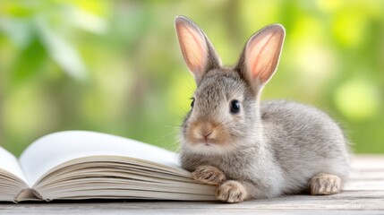 Adorable baby rabbit with open book in sunny outdoor setting for nature inspired design