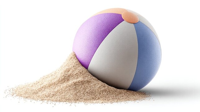 Colorful beach ball partially covered with sand on white background, perfect for summer themes and beach holiday designs
